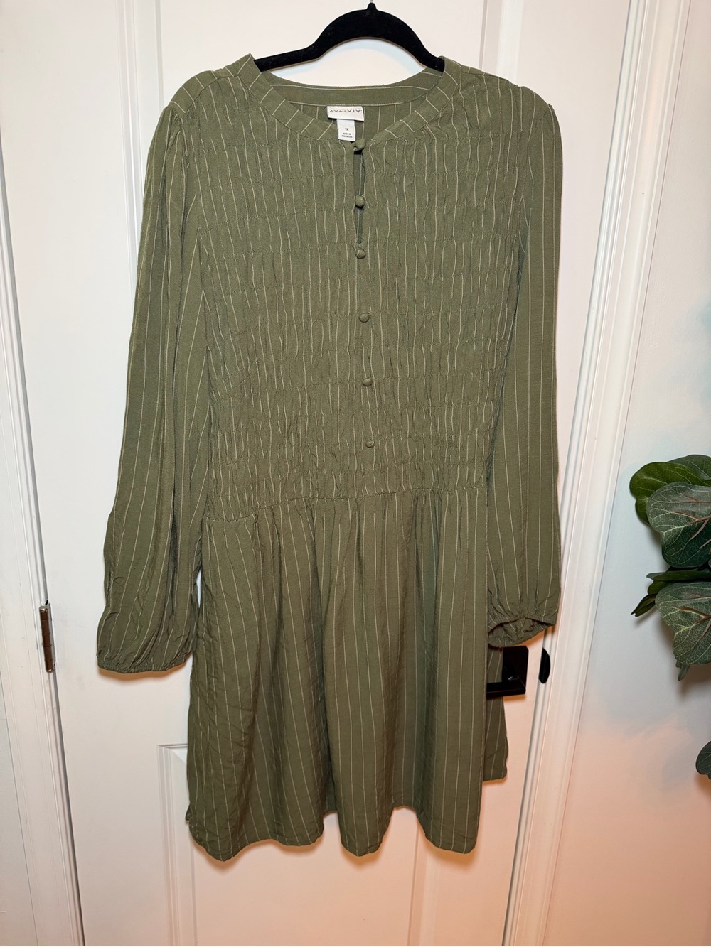 Olive Green Long Sleeve Smocked Waist Dress